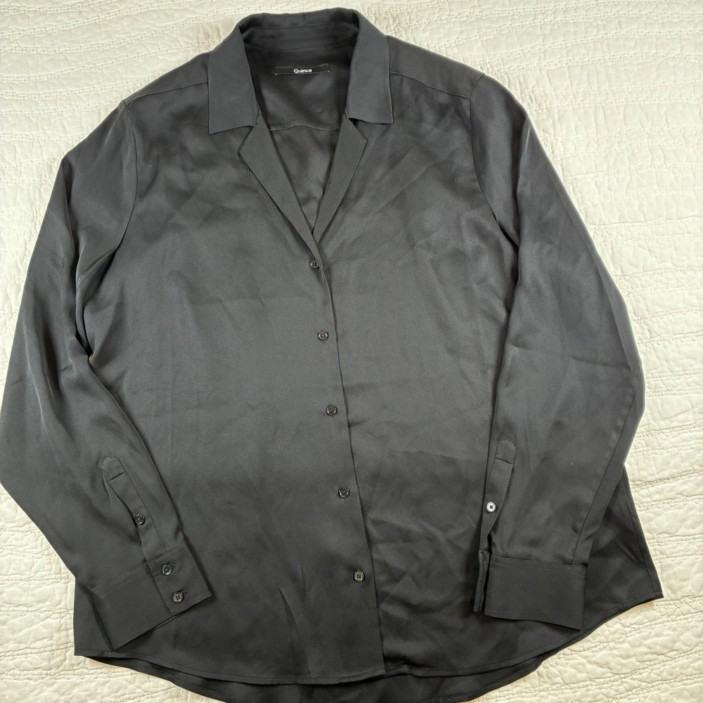 Quince Silk Blouse Women XL Black Notch Lapel Stretch Button Down Quiet Luxury